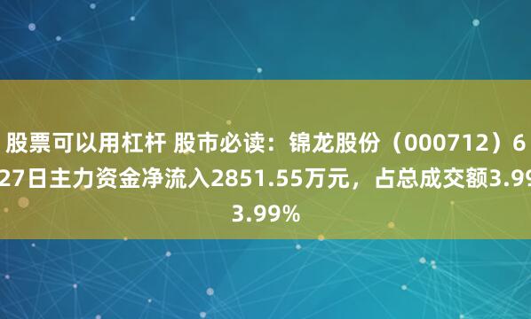 股票可以用杠杆 股市必读：锦龙股份（000712）6月27日主力资金净流入2851.55万元，占总成交额3.99%